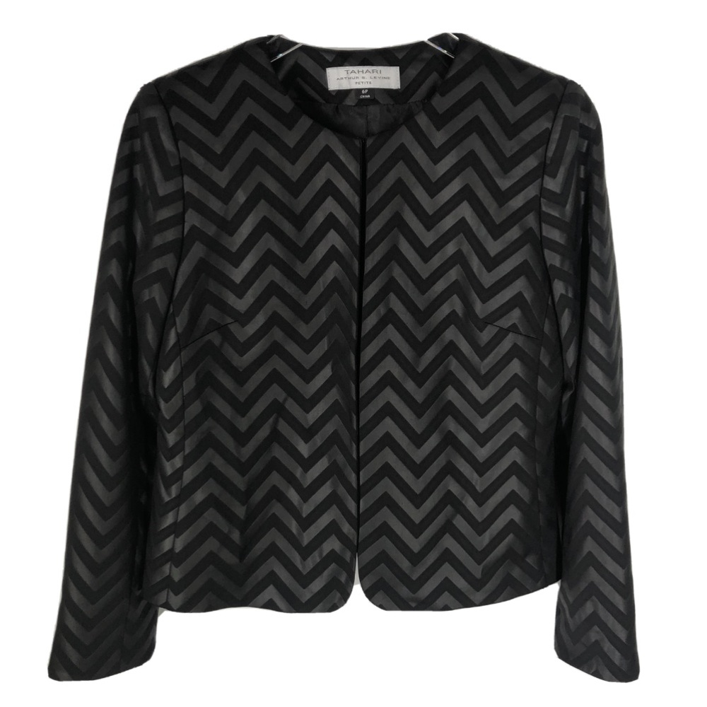 Tahari By ASL Womens Sz 6 Chevron Striped L/S Jacket Black Coat Blazer